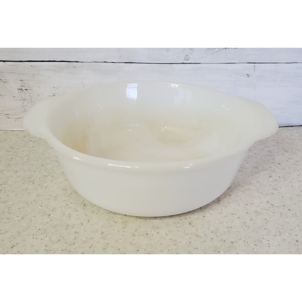 Vintage Fire-King Milk Glass Casserole Dish 1.5 Qt #22 White Handled USA